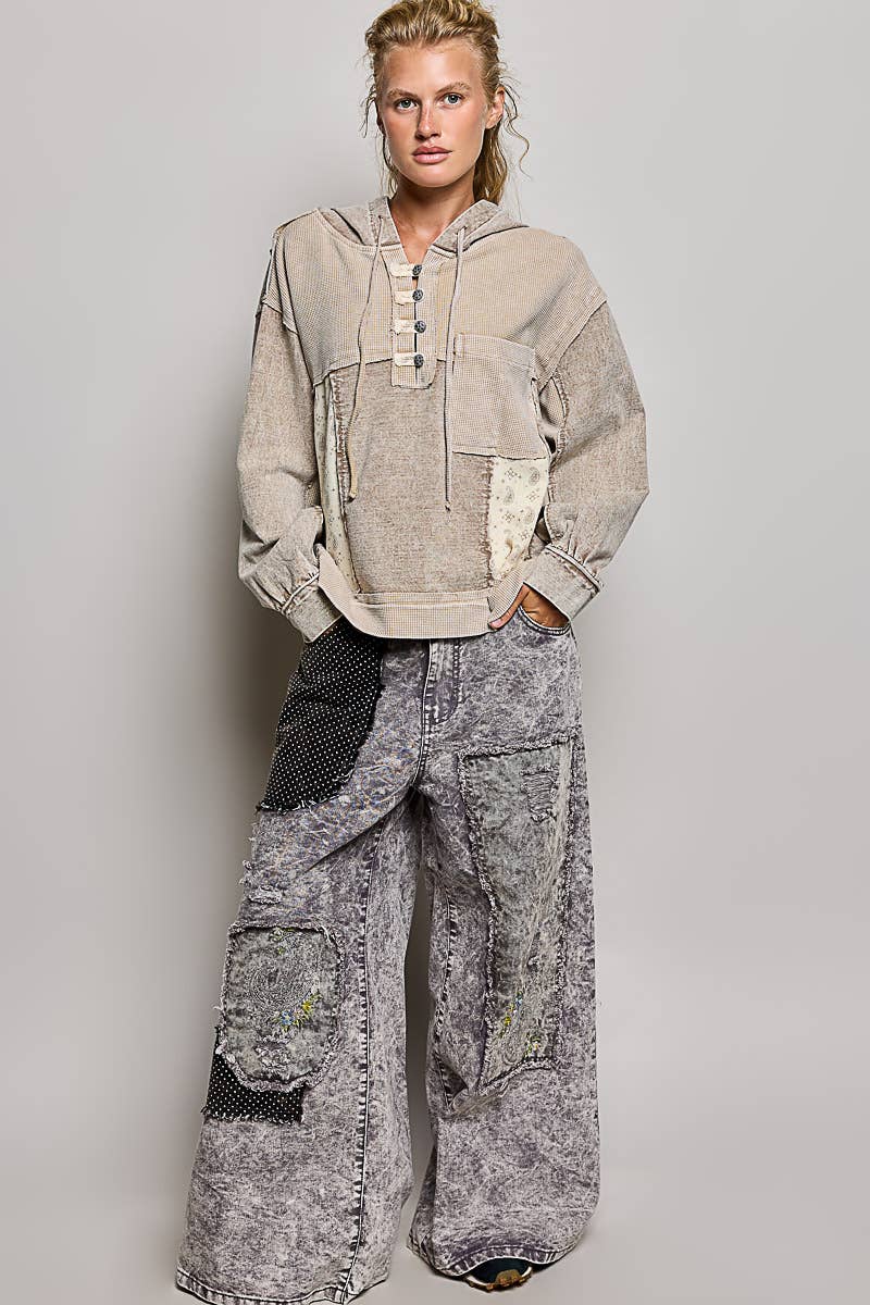 Mixed-Texture Patchwork Henley Button Patch Hoodie: DUSTY CHOCO / S