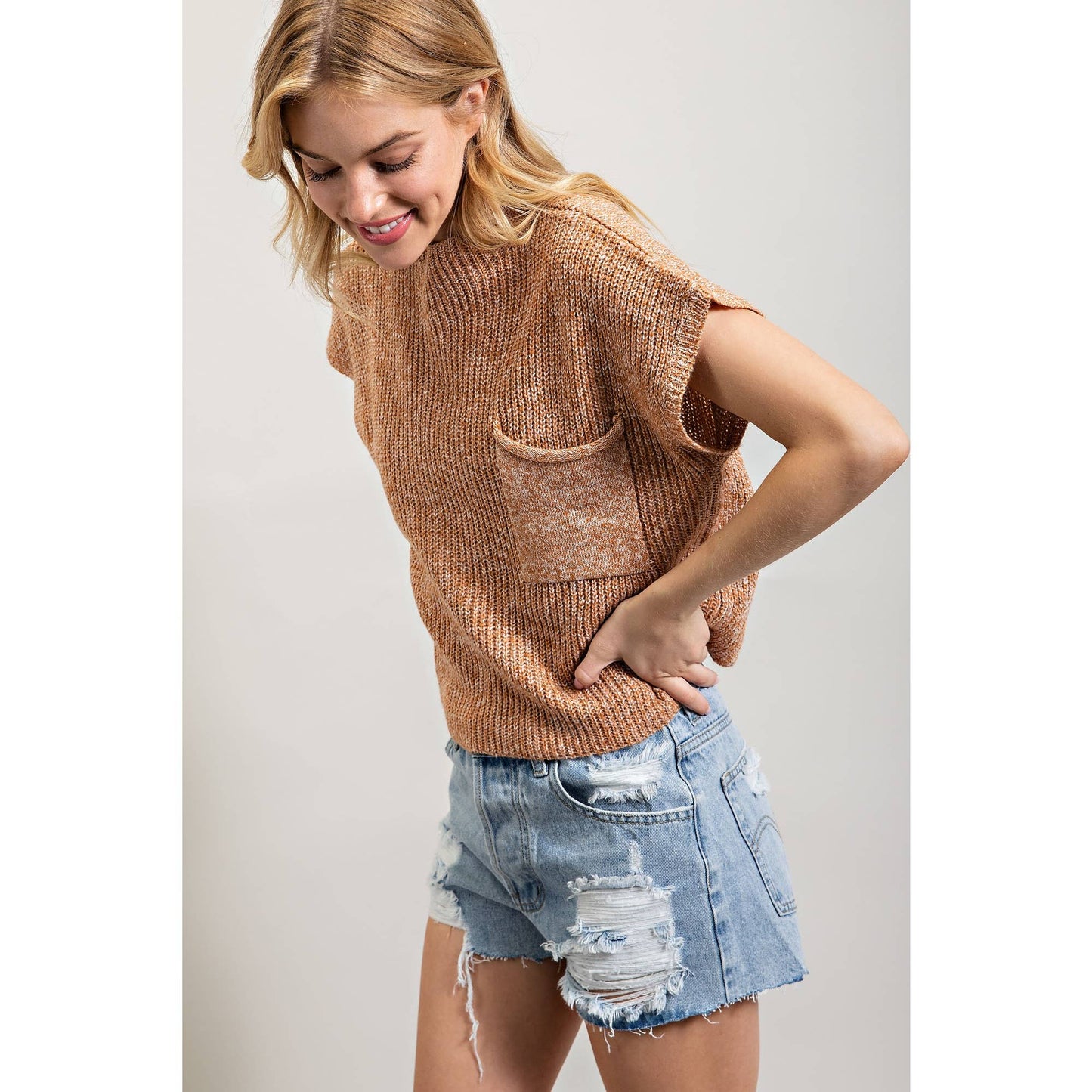 DROP SHOULDER RIB-KNIT SWEATER TOP: Taupe / S-M-L(2-2-2)