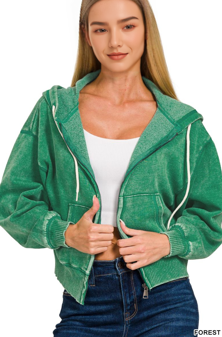 `Acid Wash Fleece Cropped Zip Up Hoodie - Zenana: MOCHA-159846 / L