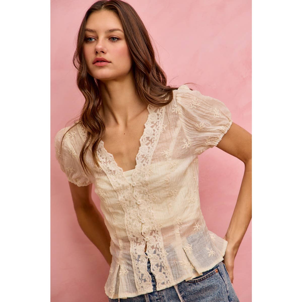 FLORAL EMBROIDERED TEXTURE WOVEN LACE BLOUSE TOP
