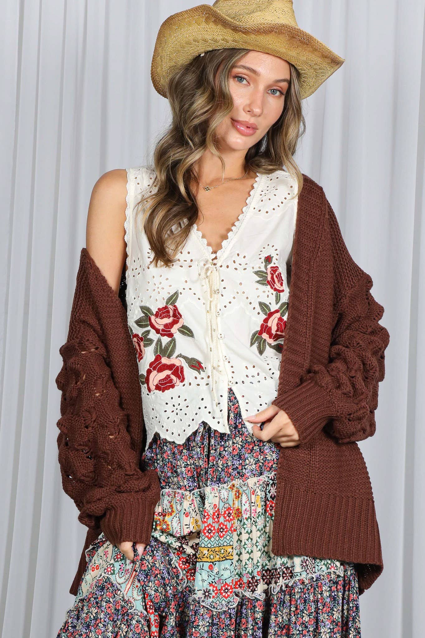 Eyelet Boho Floral Embroidery Patchwork Cotton Vest VT82314: Cream / M