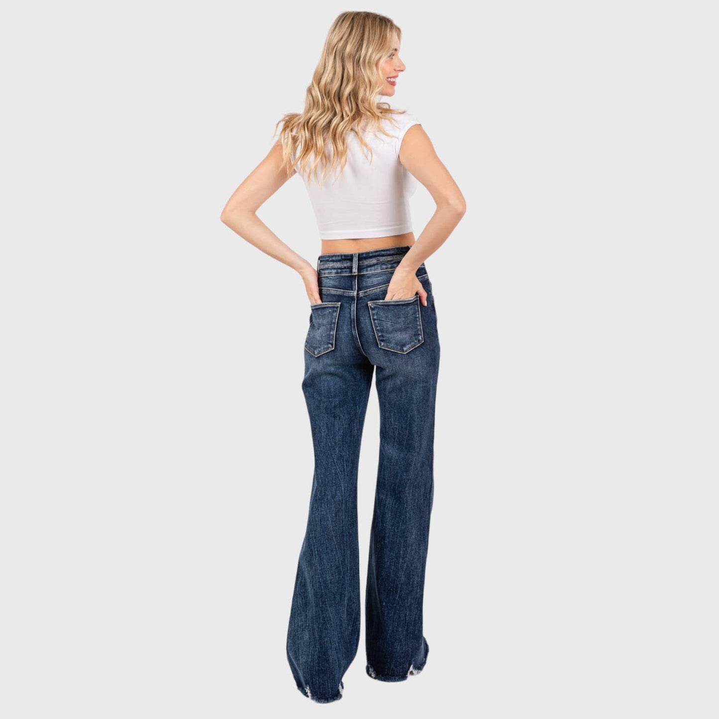 P1153F-DM HIGH RISE STRETCH  WIDE LEG FLARE W/ FRAYED HEM: 13/30