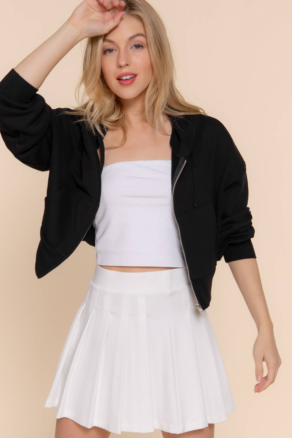 Long Sleeve Hoodie French Terry Zip Up Jacket: BLK-black / S