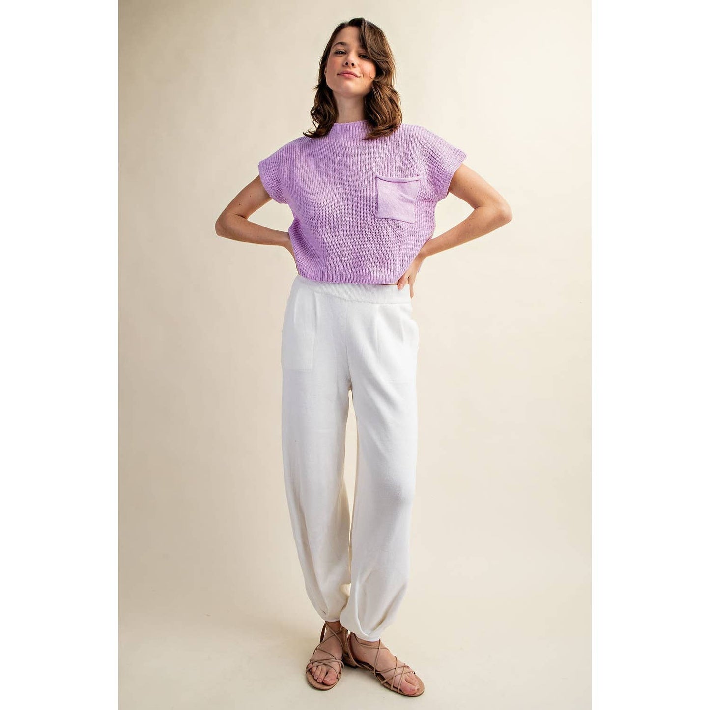 DROP SHOULDER RIB-KNIT SWEATER TOP: Brown / S-M-L(2-2-2)