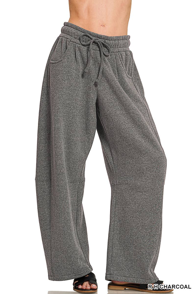 Fleece Barrel Leg Sweatpants w/ Pockets Zenana: LT BEIGE-201383 / M