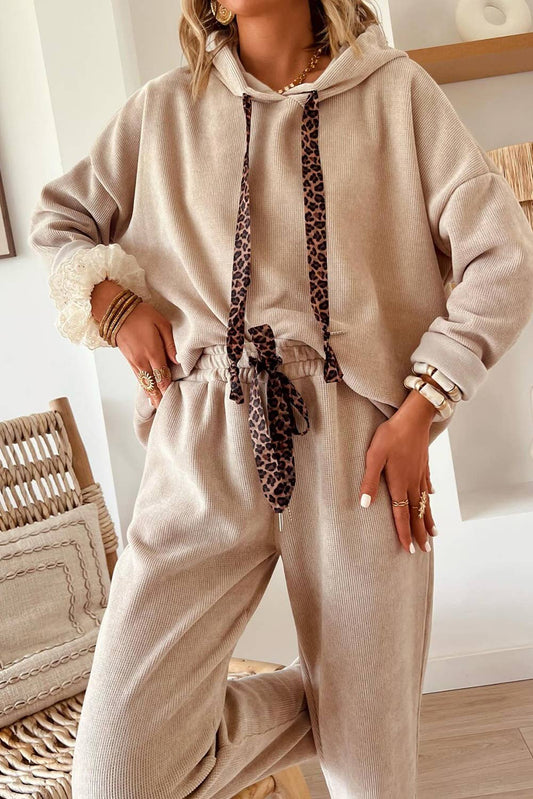 Drawstring Pullover Hoodie and High Waist Pants Corduroy Leopard set