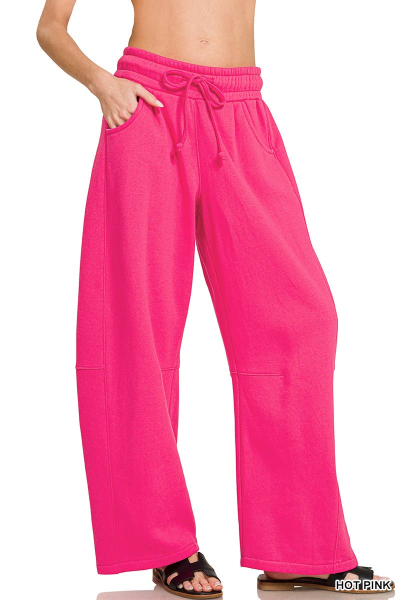 Fleece Barrel Leg Sweatpants w/ Pockets Zenana: LT BEIGE-201383 / L