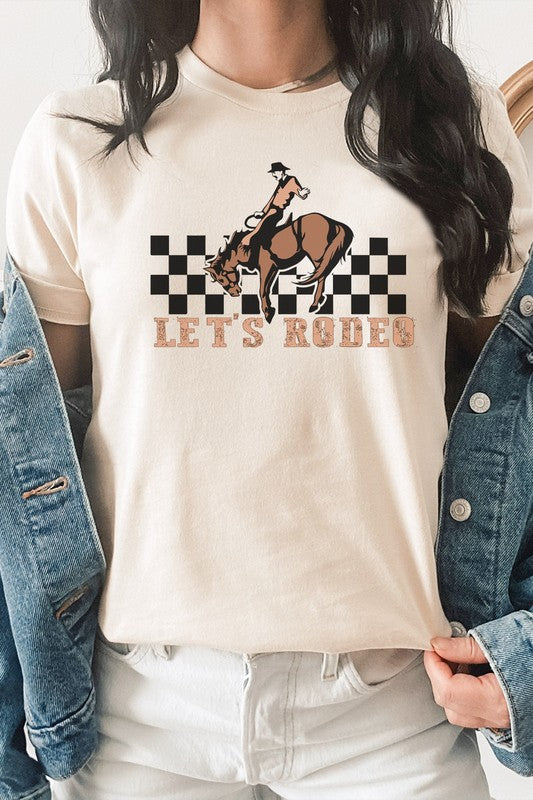 Lets Rodeo Checkered Horse and Cowboy Graphic Tee