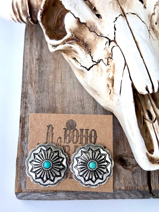 Western Engraved Round Concho with Stone Stud Earrings: Turquoise