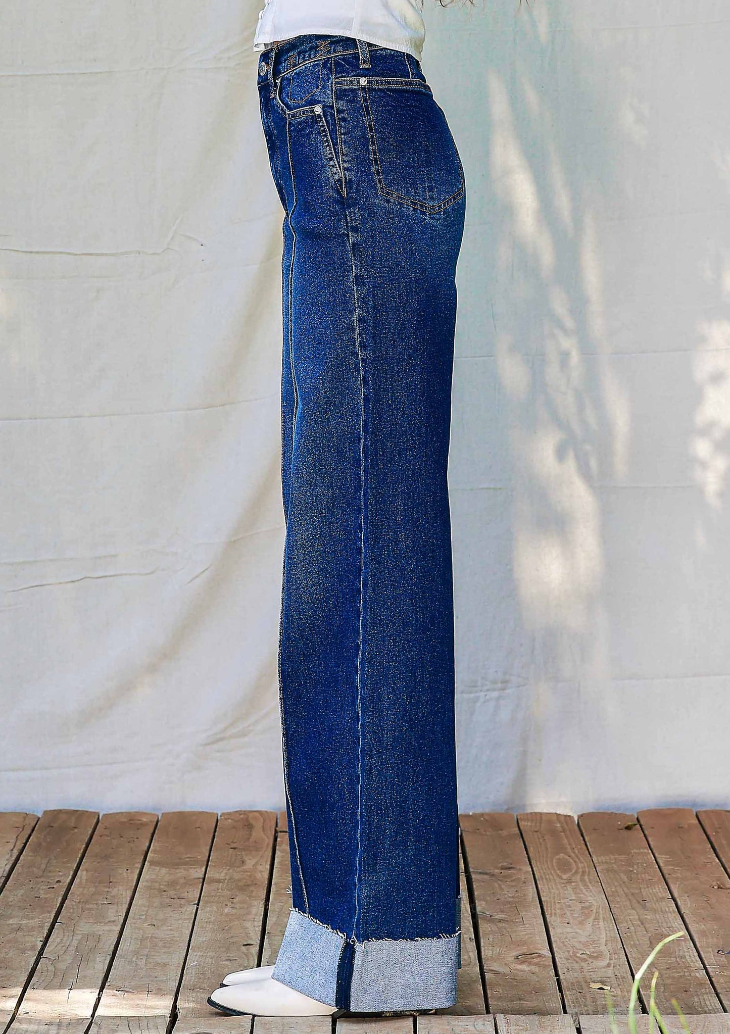 Folded Hem Wide Leg Jeans: Dark Stone