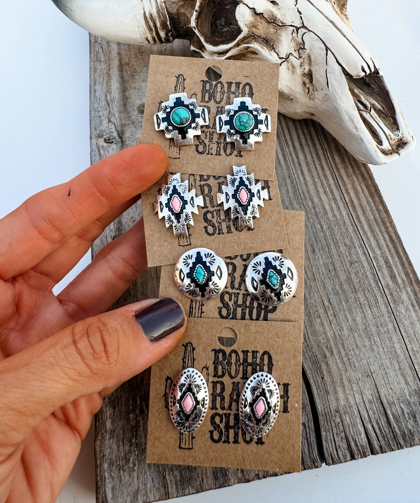 Western Hand Stone Aztec Post Earrings - turquoise pink: STYLE 5 - AZTEC PINK
