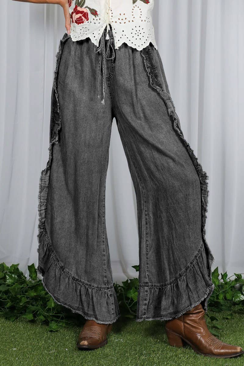 Flared Ruffle Hem Washed Chambray Crop Denim Pants VP83040: Black Denim / L