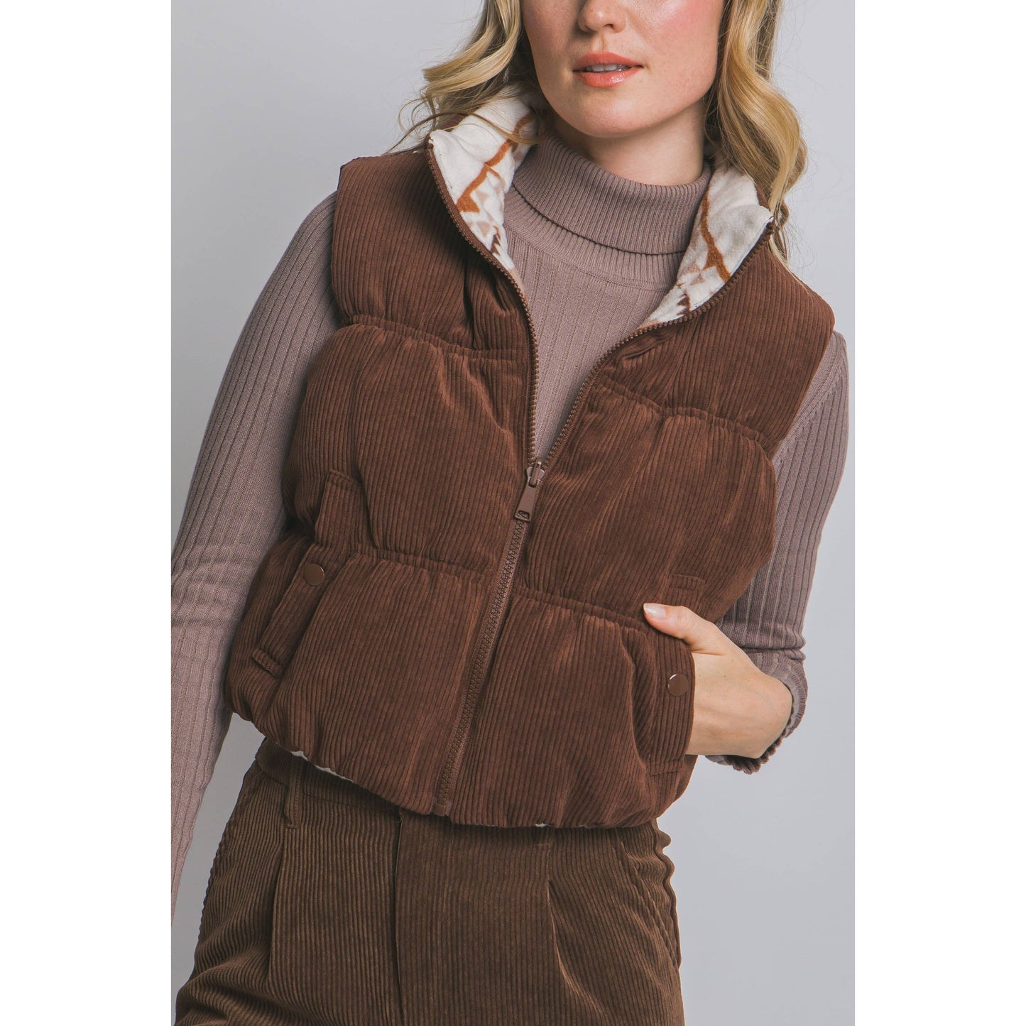 Reversible Corduroy and Aztec Print Puffer Vest: Brown