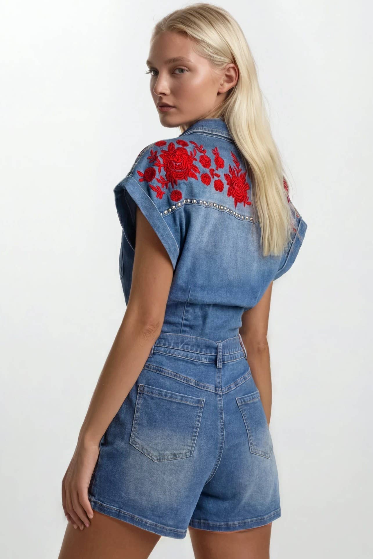 EMBROIDERED BELTED DENIM ROMPER