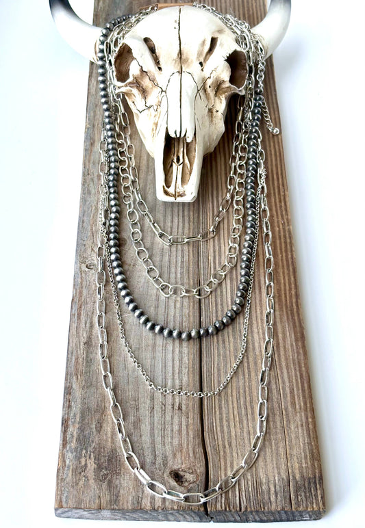 5 Layered Western Chunky Chain Navajo Pearl Necklace Set: Silver