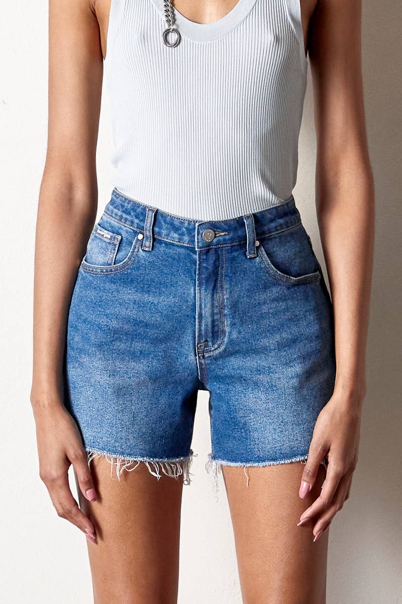 High Rise Trim Midi Stretch Denim Shorts: S