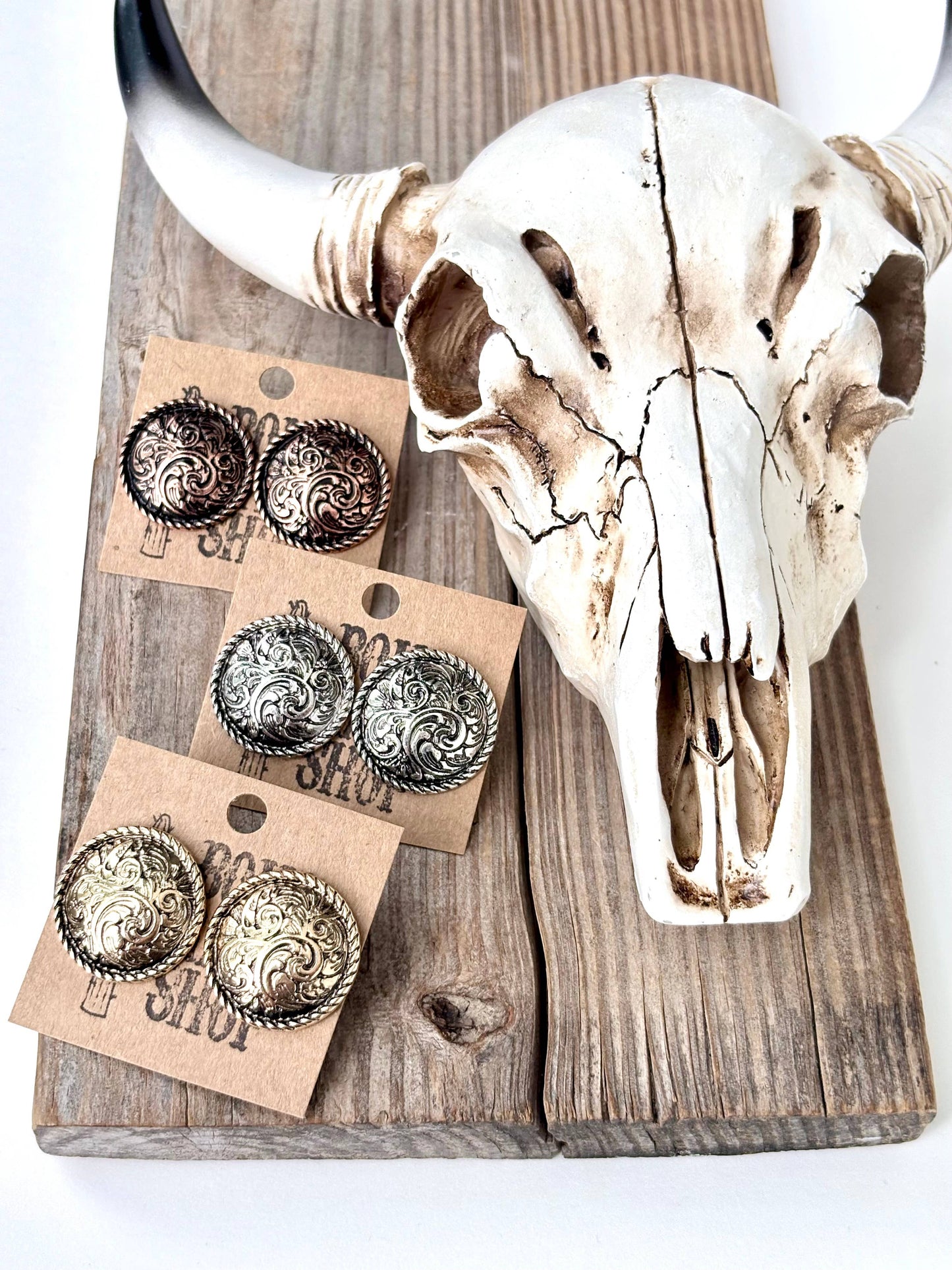 Western Style Round Stud Earrings: Silver
