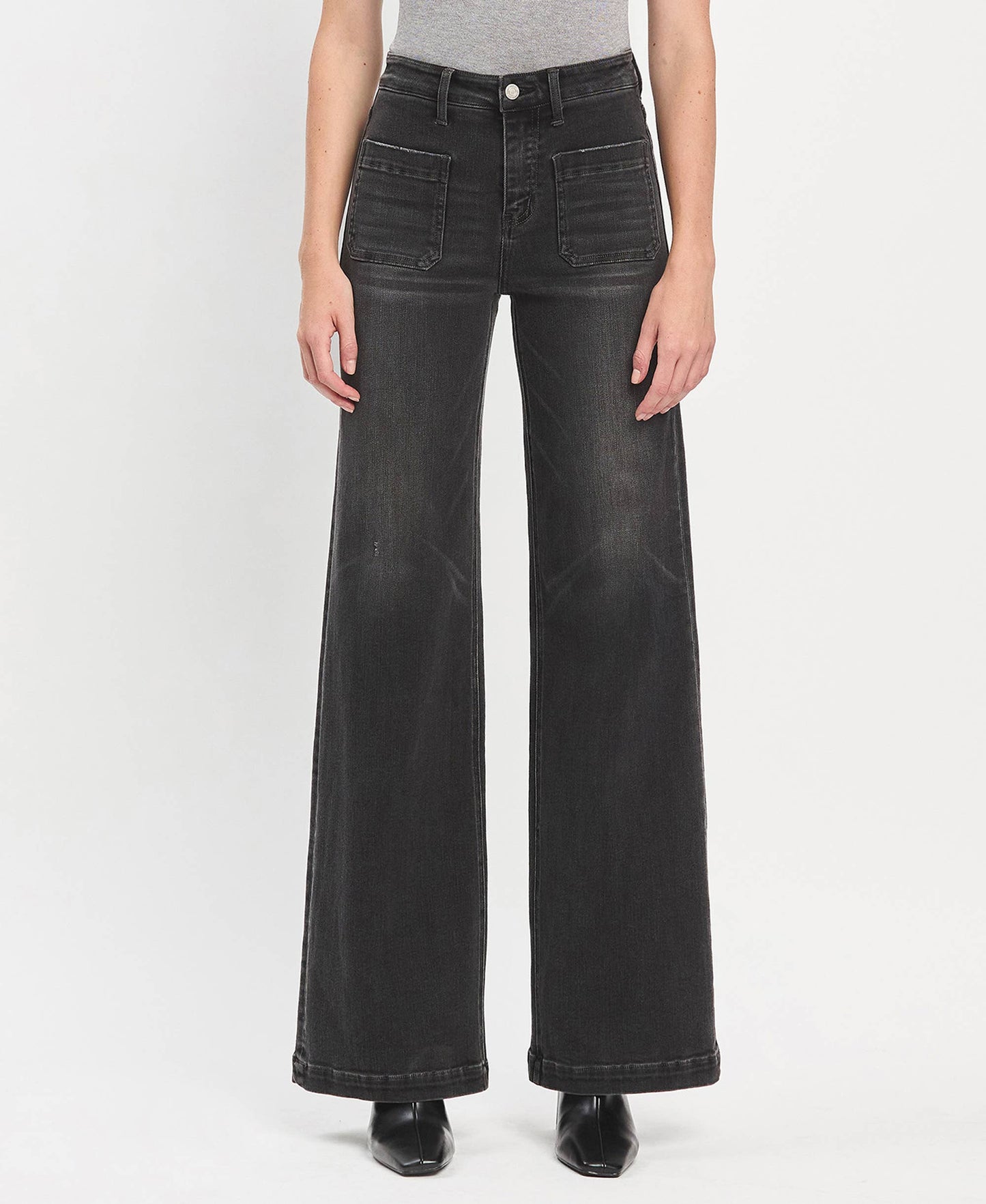 HIGH RISE PATCH POCKET BLACK WIDE LEG TROUSERS