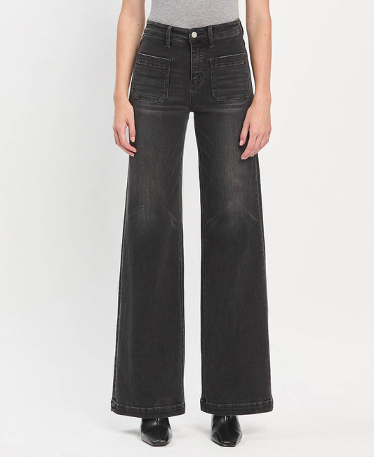 HIGH RISE PATCH POCKET BLACK WIDE LEG TROUSERS