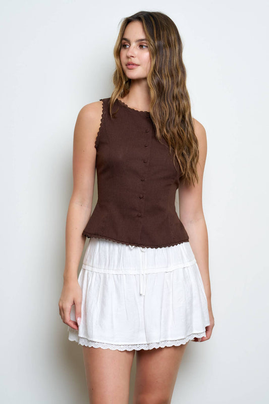 SCALLOP LACE TRIM BUTTON DOWN SLEEVELESS VEST TOP : BROWN