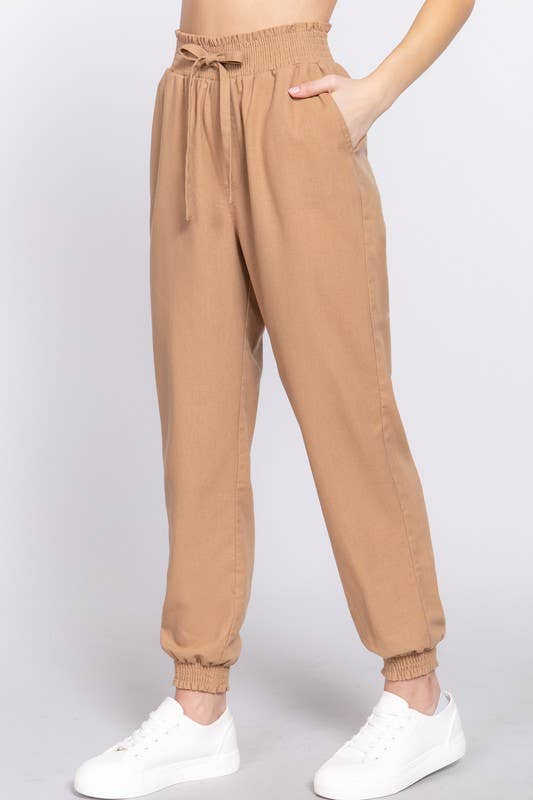 Smoked Waist Linen Jogger Pants: Blk-Black / S