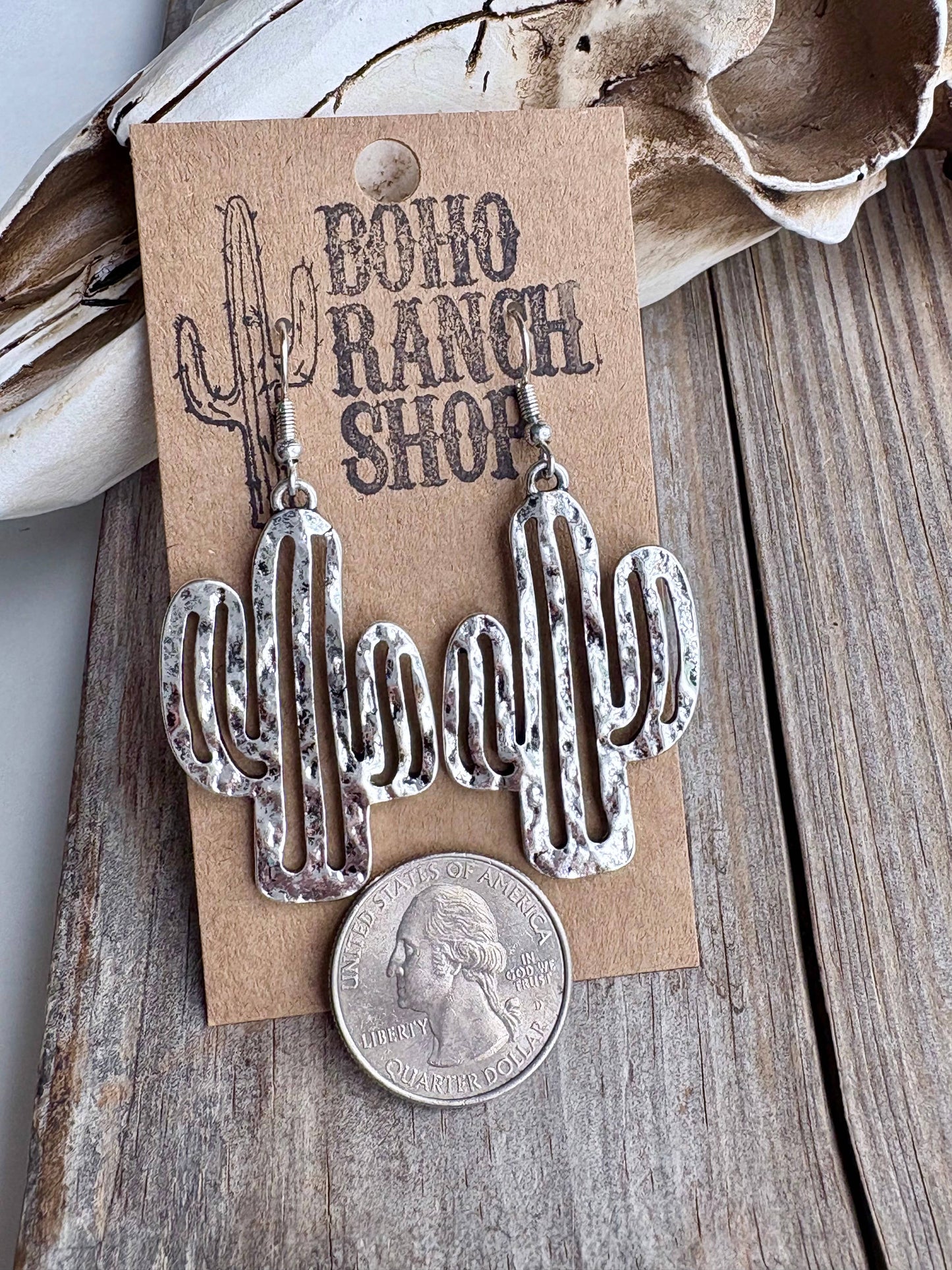 Hammered Western Cactus Dangle Earrings: Silver