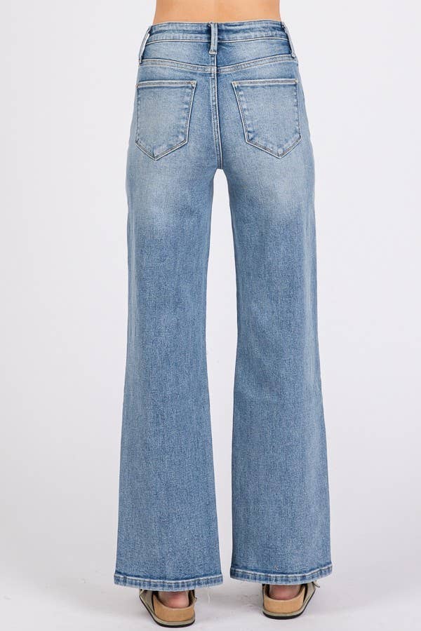 P1371W-MD HIGH RISE STRETCH SLIM WIDE LEG W/ DESTROYED HEM: 13/30