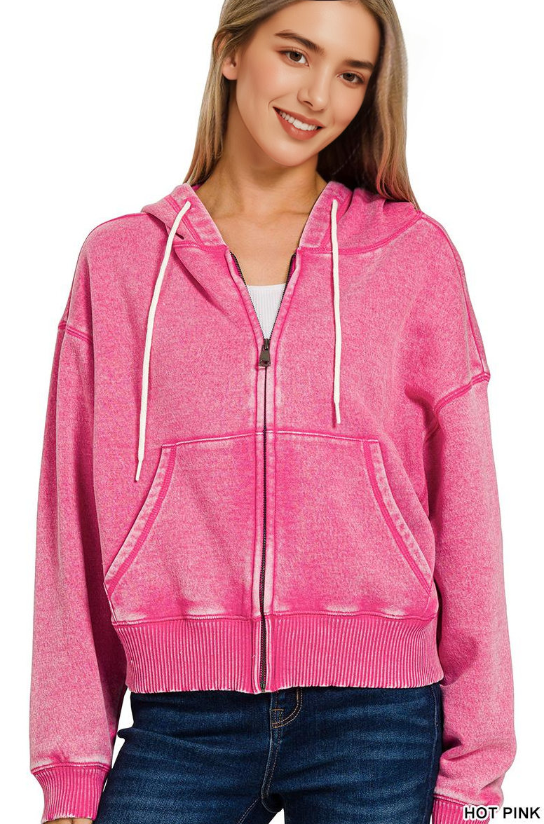 `Acid Wash Fleece Cropped Zip Up Hoodie - Zenana: MOCHA-159846 / S