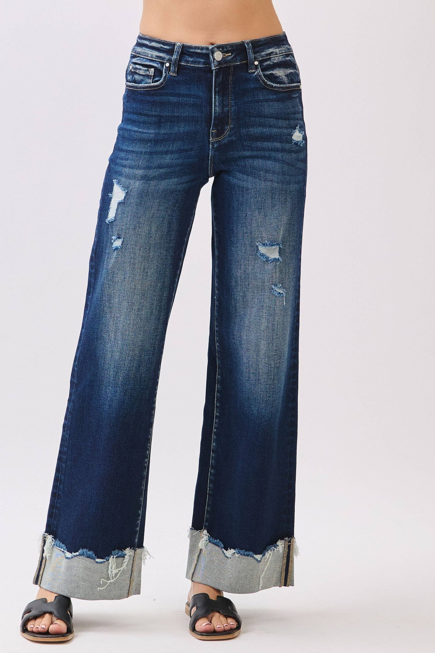 P1554W-DK HIGH RISE STRETCH WIDE LEG W/ CUFFED HEM JEANS: 11/29