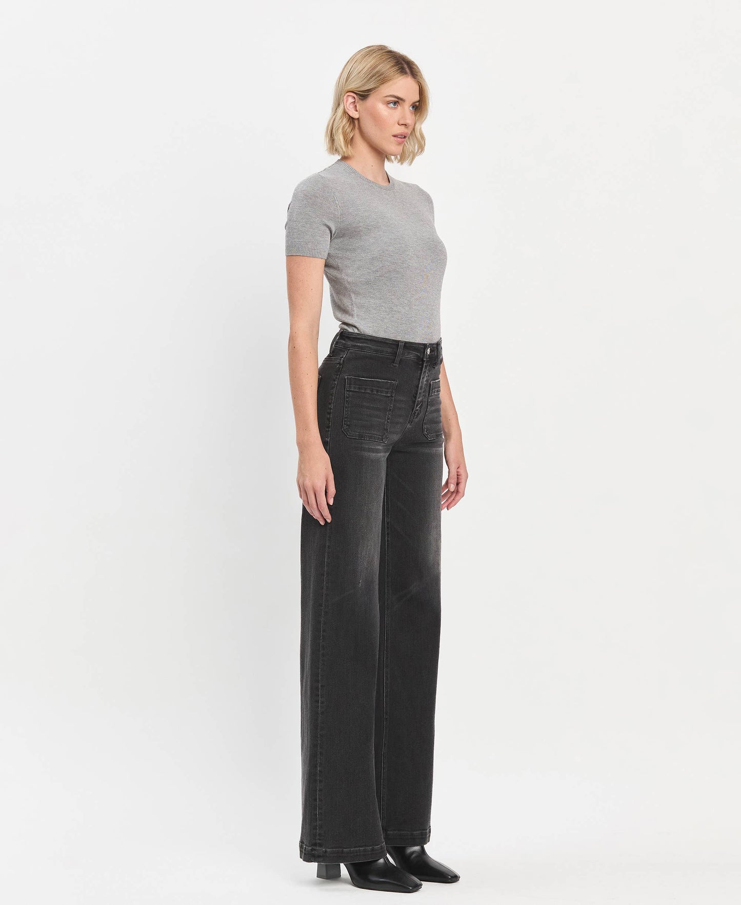 HIGH RISE PATCH POCKET BLACK WIDE LEG TROUSERS