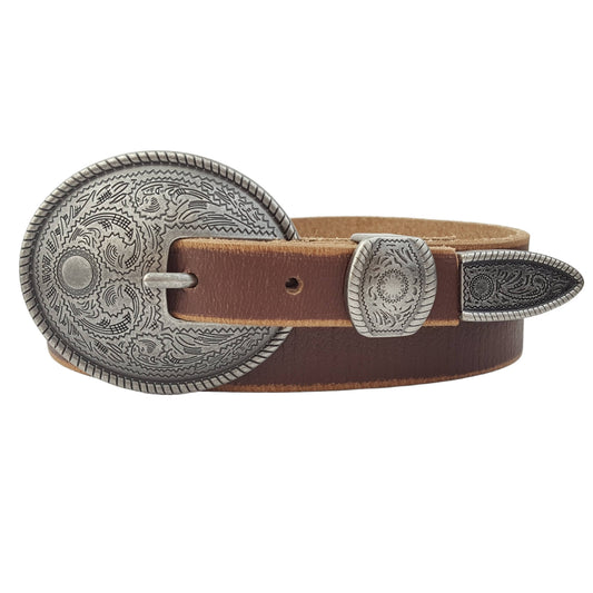 Vintage Skinny Leather Belt w.  antique silver floral buckle: Brown / M/L