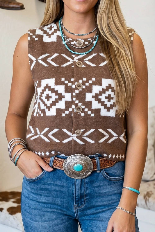 LDC Western Button Square Neck Sweater Vest: Brown / S