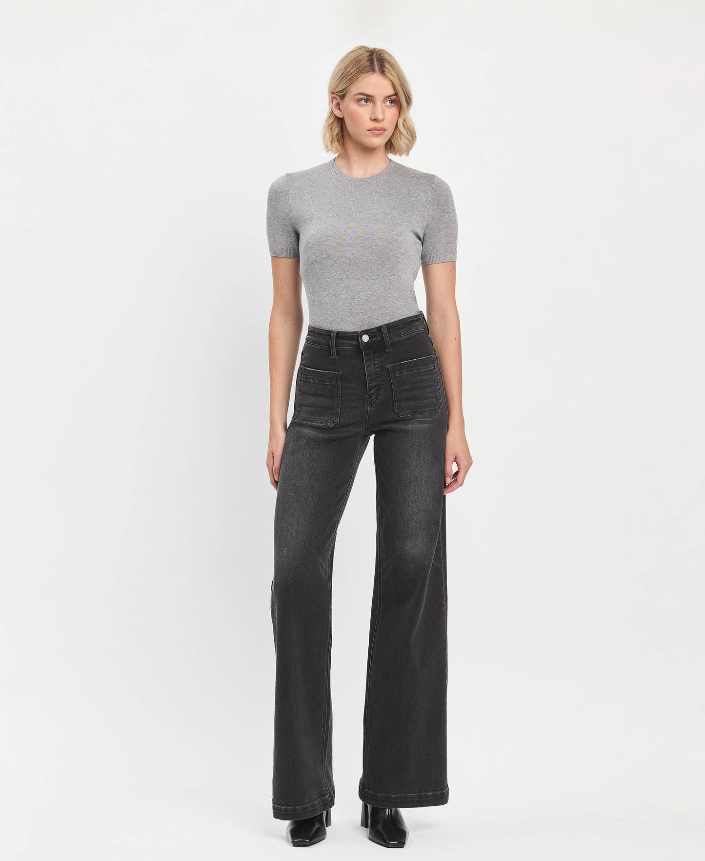 HIGH RISE PATCH POCKET BLACK WIDE LEG TROUSERS