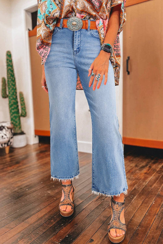Mineral Wash Raw Hem High Waist Flared Jeans: Blue