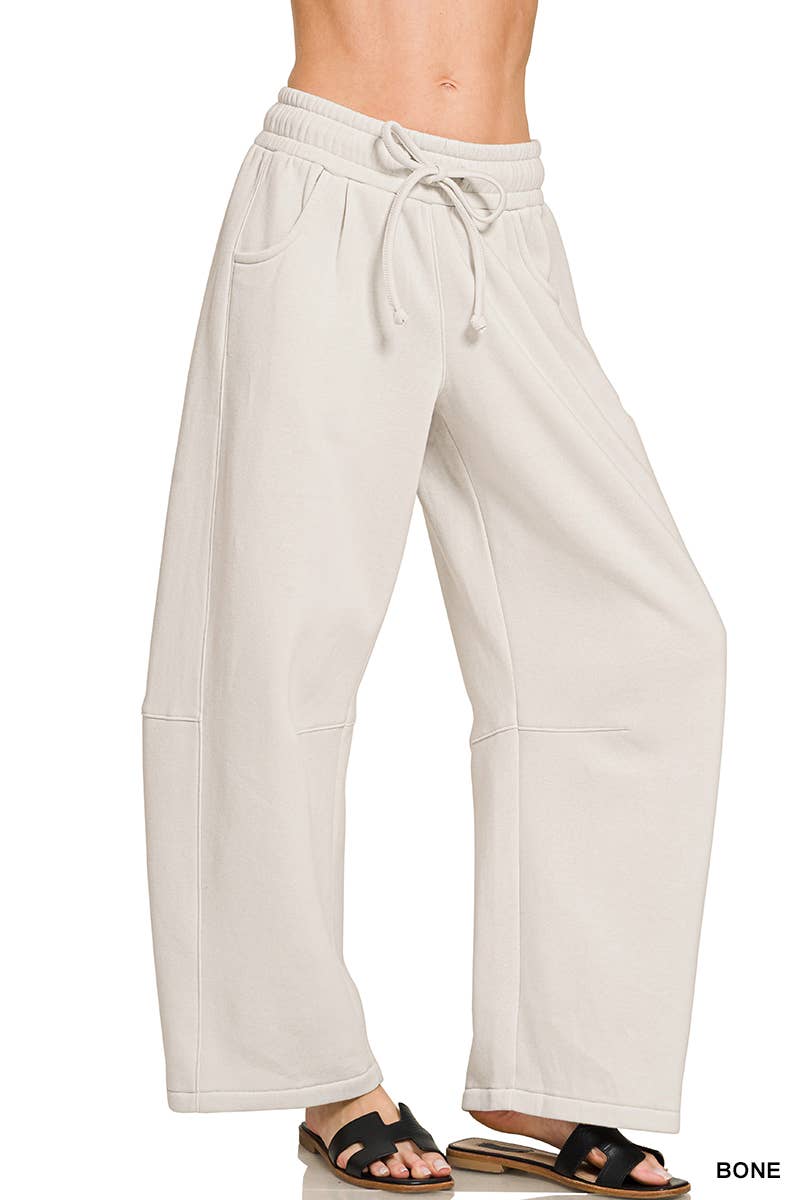 Fleece Barrel Leg Sweatpants w/ Pockets Zenana: LT BEIGE-201383 / M