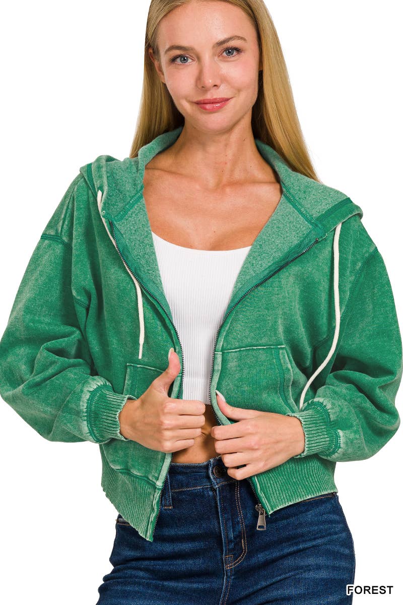 `Acid Wash Fleece Cropped Zip Up Hoodie - Zenana: MOCHA-159846 / S