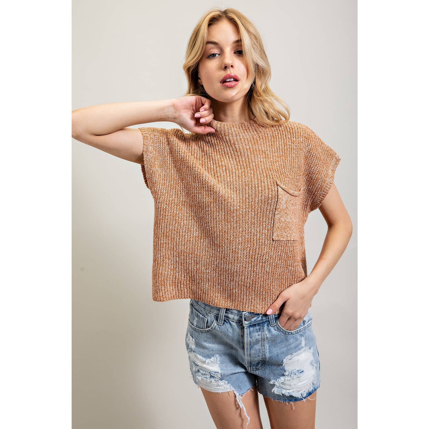 DROP SHOULDER RIB-KNIT SWEATER TOP: Taupe / S-M-L(2-2-2)