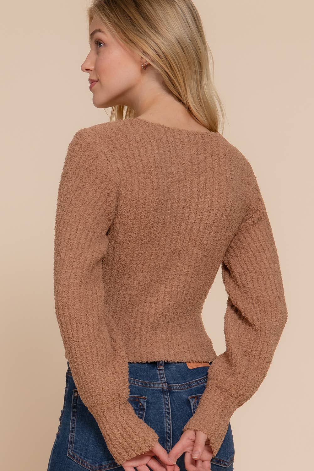 Long Puff Sleeve V-neck Rib Sweater Top