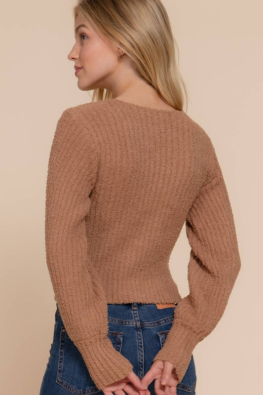 Long Puff Sleeve V-neck Rib Sweater Top