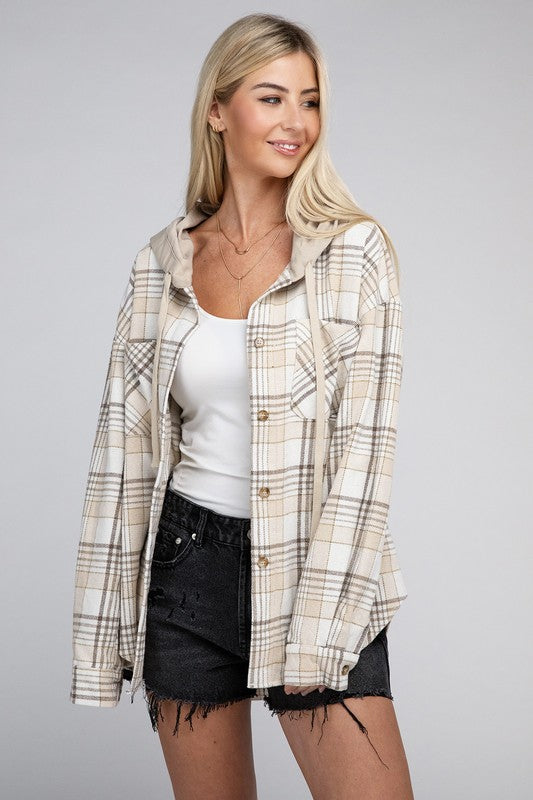 Plaid Hooded Button Up Jacket