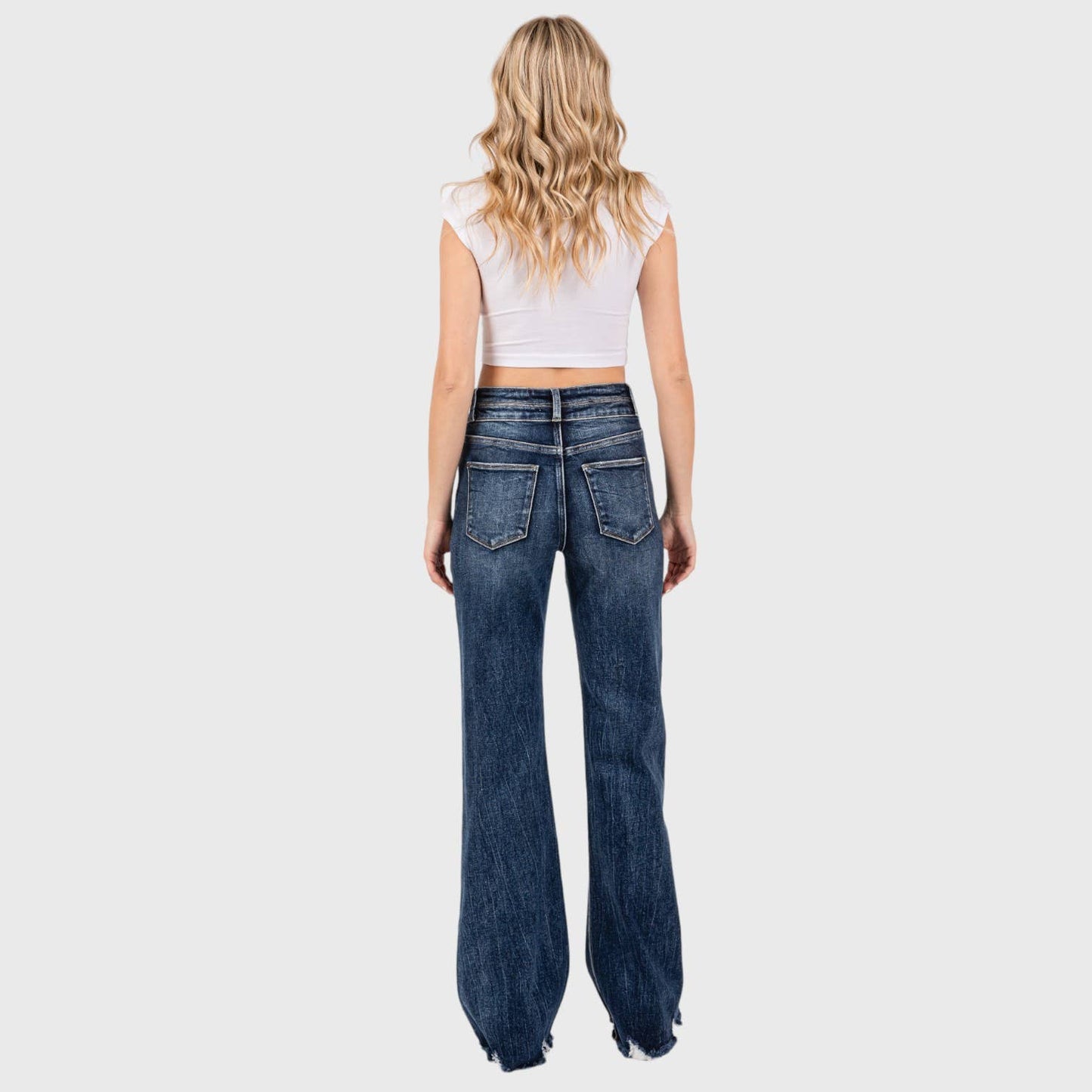 P1153F-DM HIGH RISE STRETCH  WIDE LEG FLARE W/ FRAYED HEM: 13/30