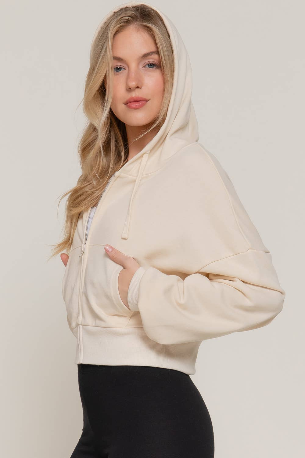 Long Sleeve Hoodie French Terry Zip Up Jacket: IVY-beige / L