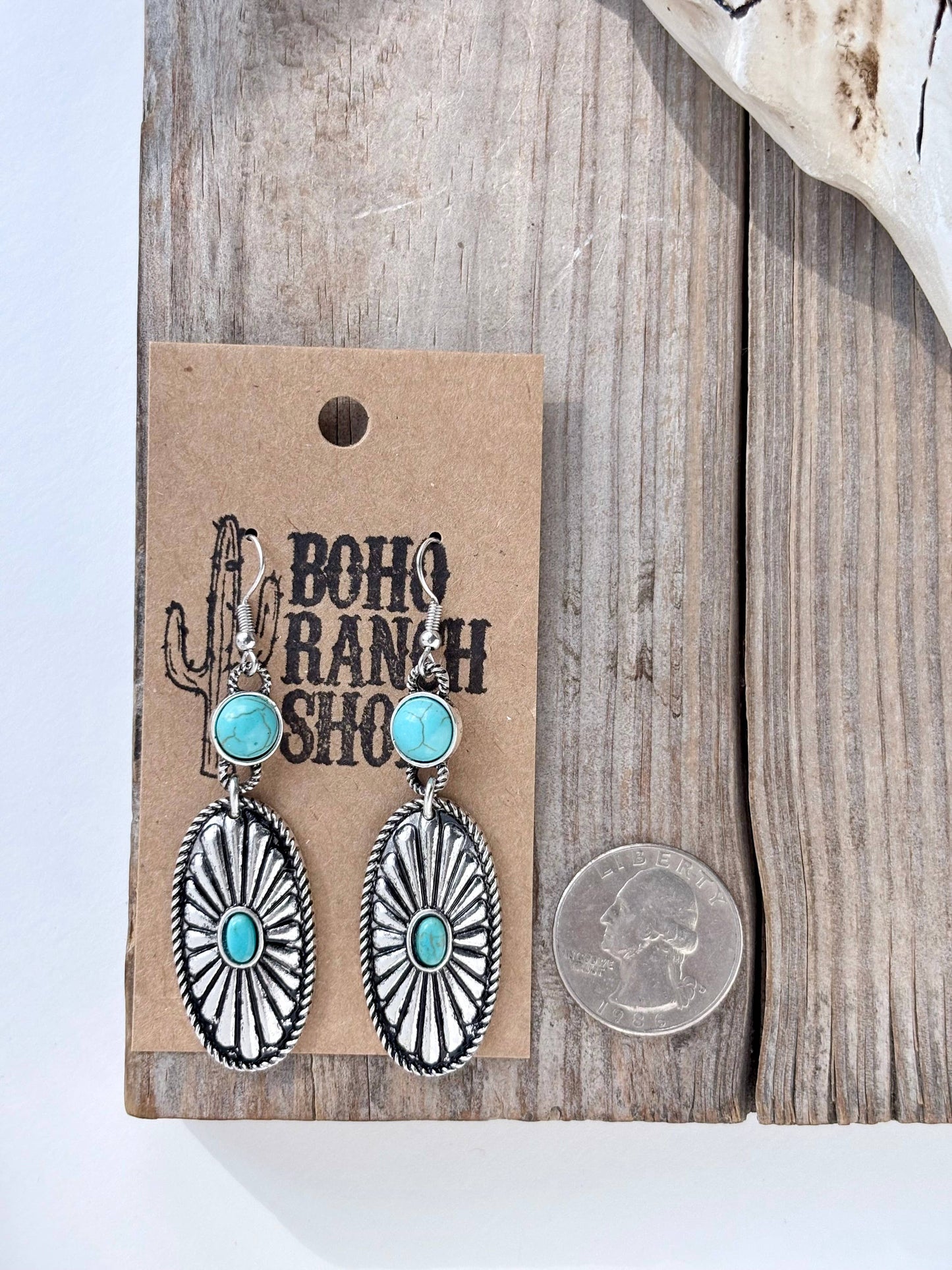 Western Style Oval Concho Turquoise Stone Drop Earrings