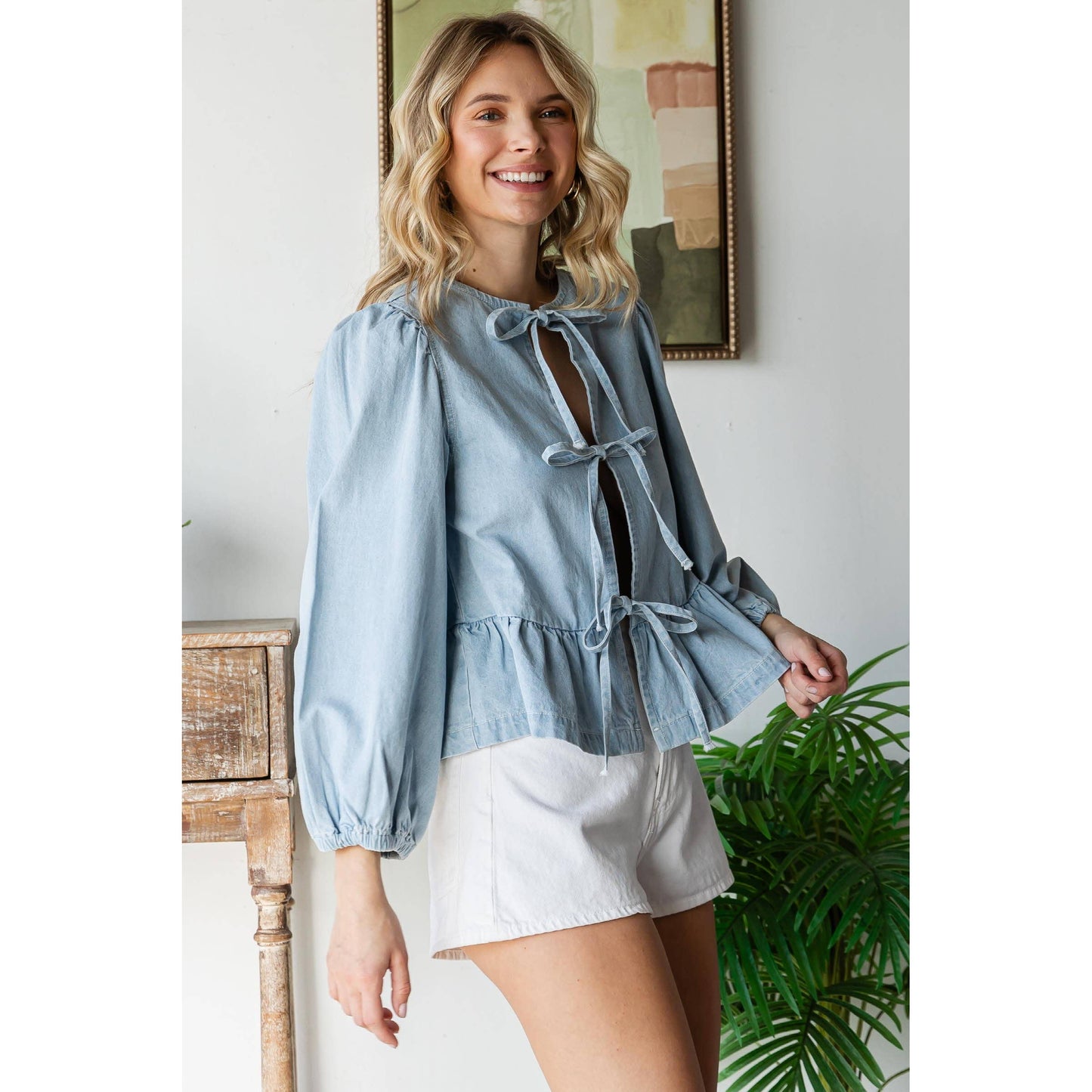 Front Ribbon Denim Top