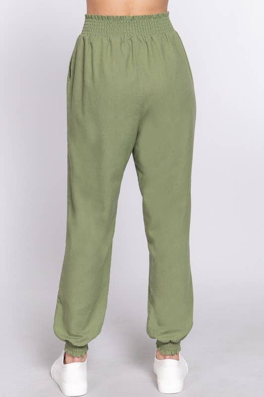 Smoked Waist Linen Jogger Pants: Blk-Black / S