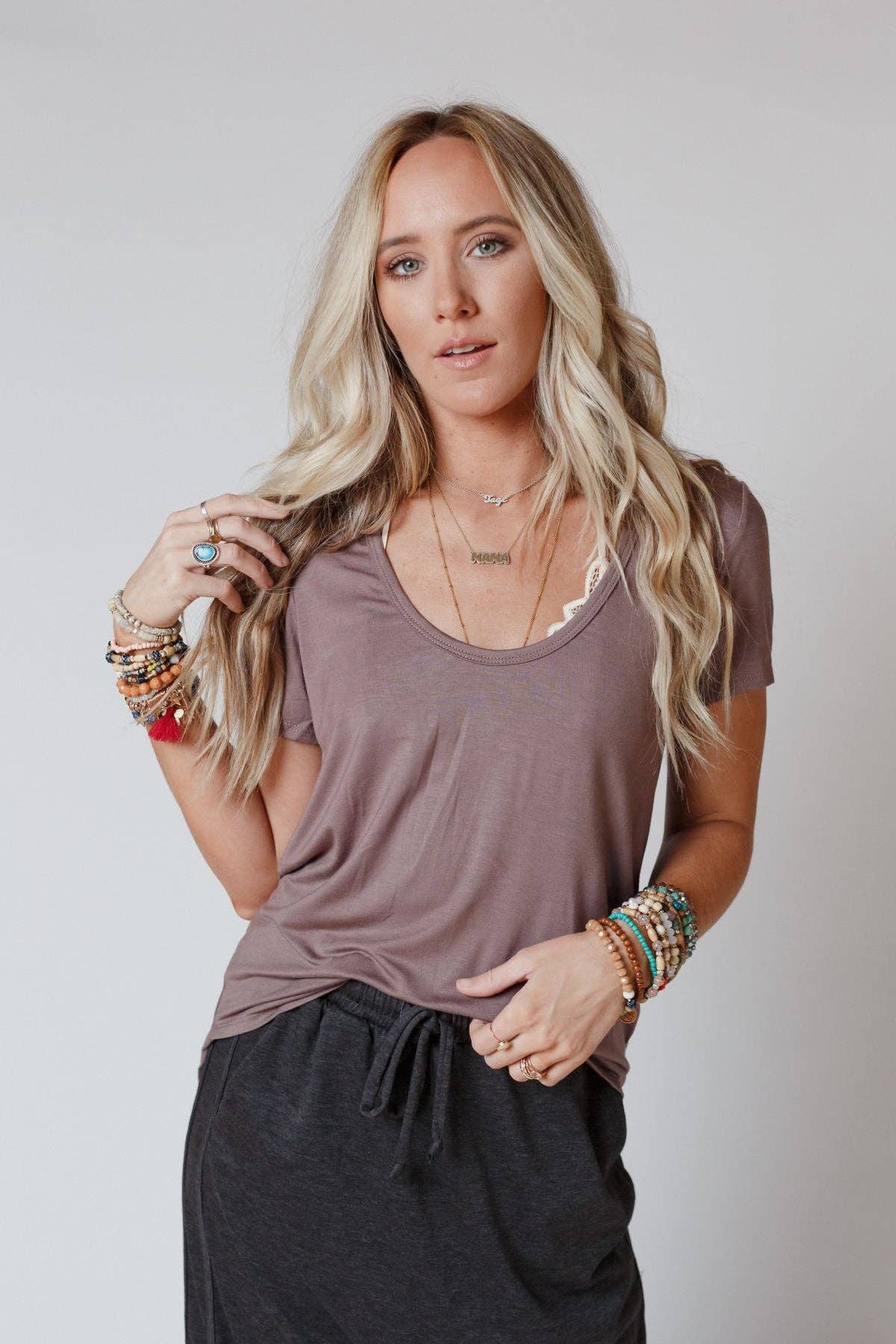 Scoop Neck Bralette Tee - Mocha: Mocha / M