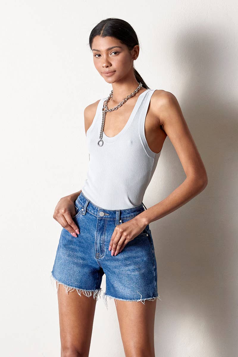 High Rise Trim Midi Stretch Denim Shorts: S