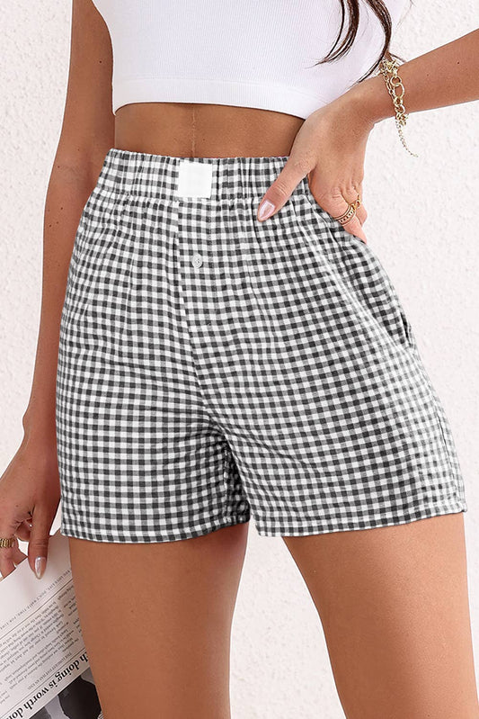 Stripe Plaid Printed High Waist Gingham Shorts: Black