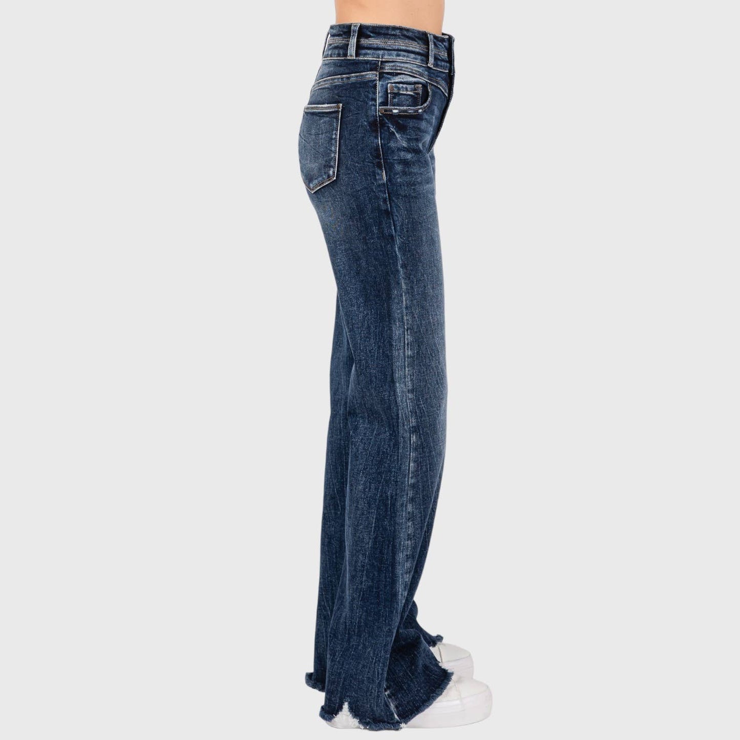 P1153F-DM HIGH RISE STRETCH  WIDE LEG FLARE W/ FRAYED HEM: 3/25