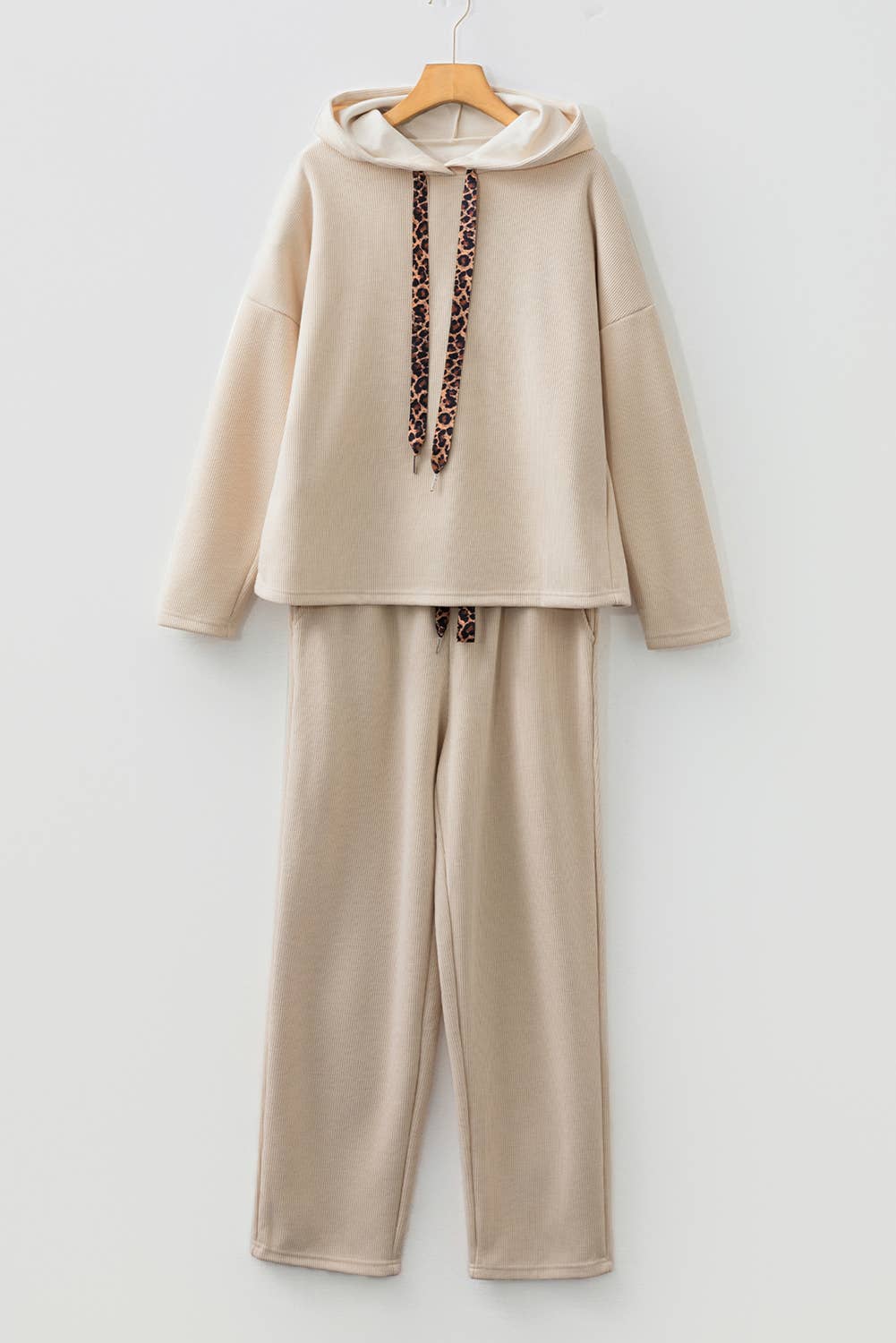Drawstring Pullover Hoodie and High Waist Pants Corduroy Leopard set
